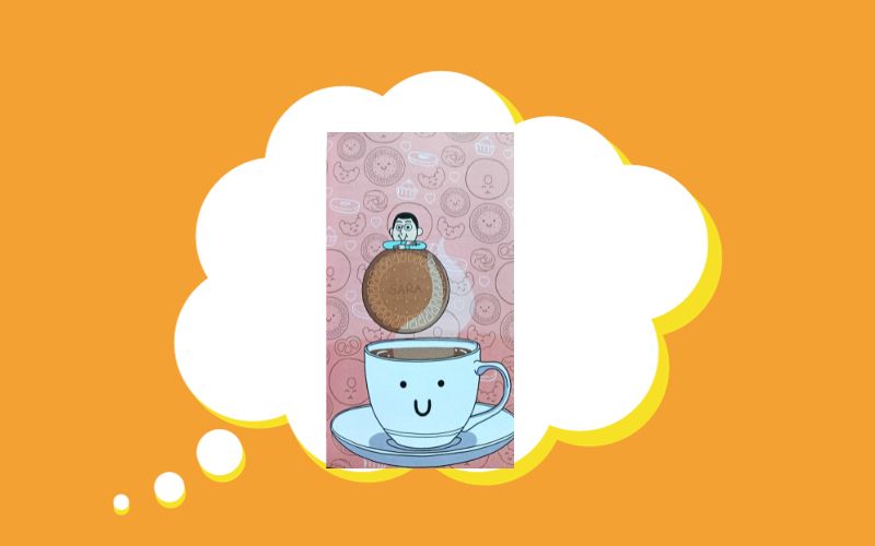 Ilustración infantil: niño volando sobre una galleta por encima de una taza.
