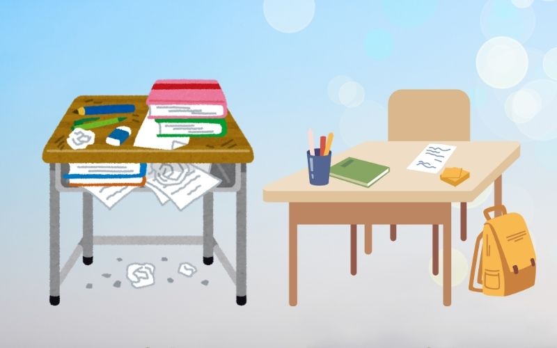 dibujo de una mesa desordenada junto a una bien organizada