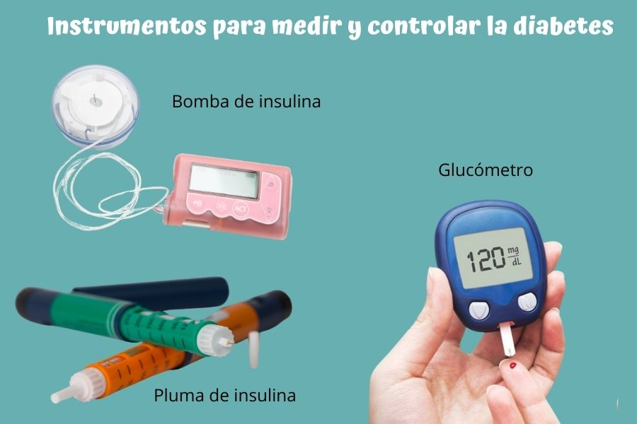 imagen de bomba de insulina, pluma de insulina y glucómetro