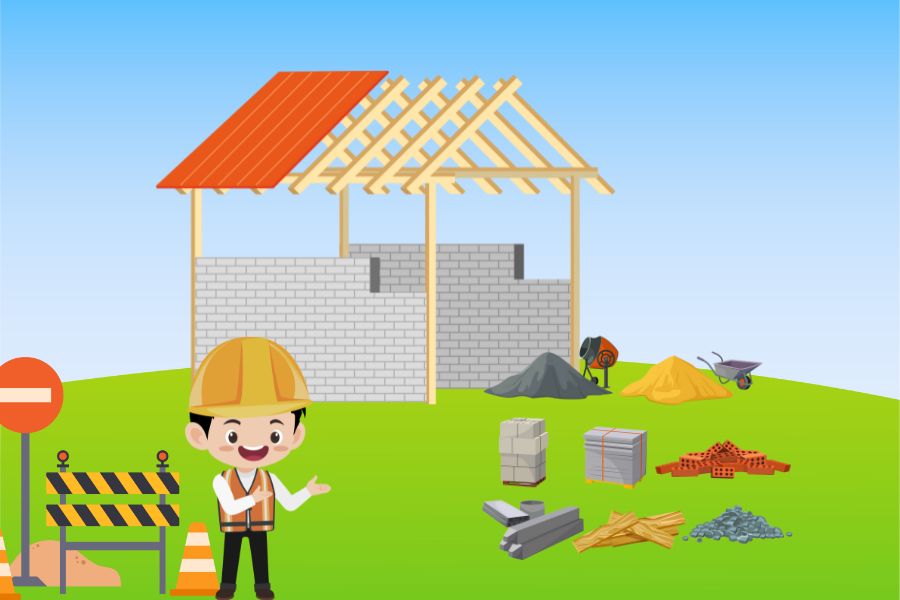 dibujo infantil de niño con casco mostrando materiales de construcción y edificio en obras