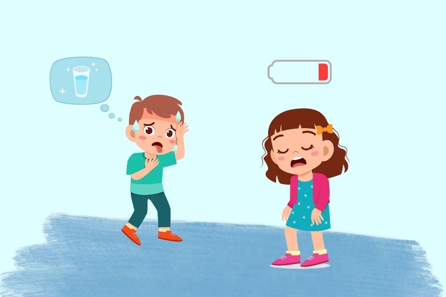 dibujo infantil de niño sediento y niña cansada