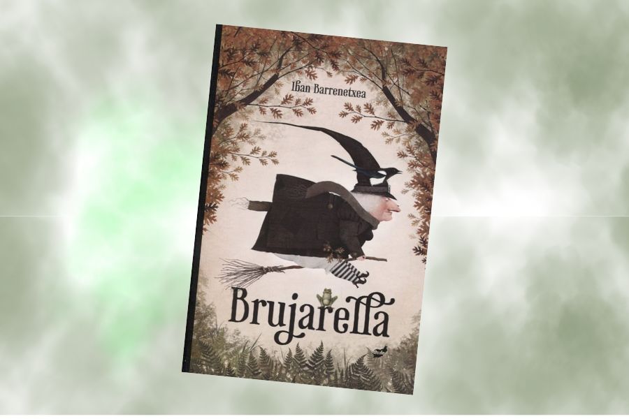 portada de libro infantil con bruja volando en su escoba con un pájaro sobre el sombrero