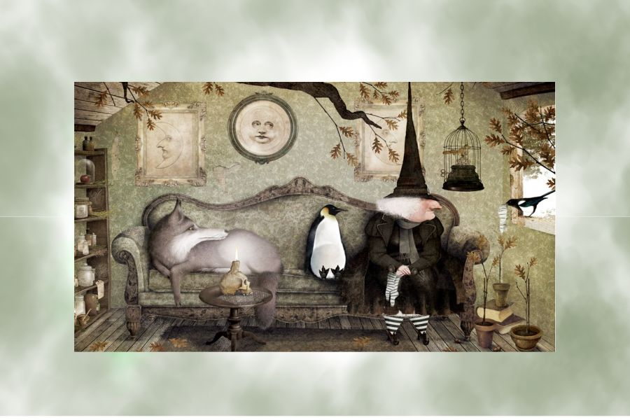 Ilustración infantil de una habitación con una bruja, un pingüino, un lobo y una corneja