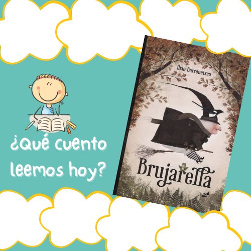 dibujo infantil de niño con libro abierto y portada de cuento con bruja volando en escoba con un pájaro en el sombrero