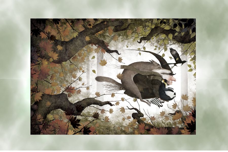 Ilustración de libro infantil de una bruja volando en su escoba mágica con un lobo, un pingüino y una corneja