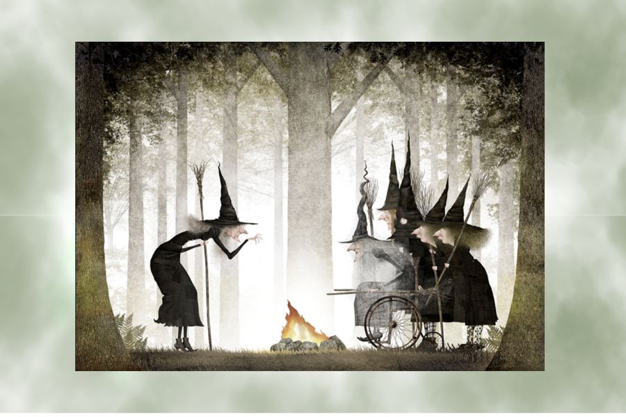 Ilustración decuento infantil con seis brujas alrededor de una hoguera