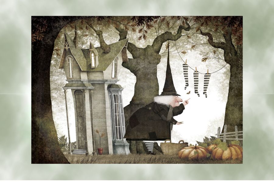 Iluitración de libro infantil con bruja tendiendo calcetines