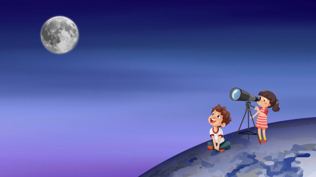 cartoon niños observando la luna con un telescopio