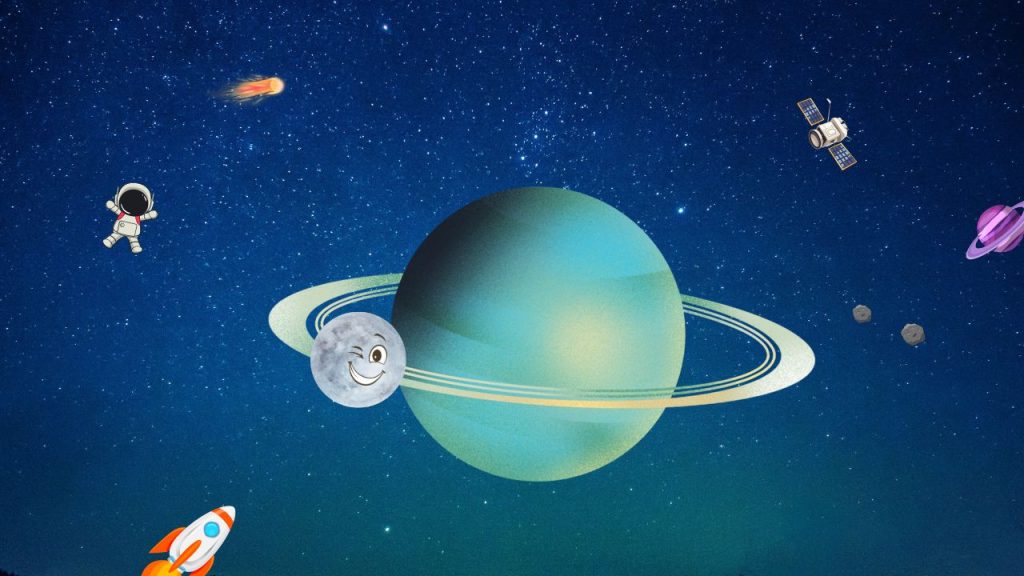 cartoon Luna orbitando la Tierra y astronauta flotando en el espacio