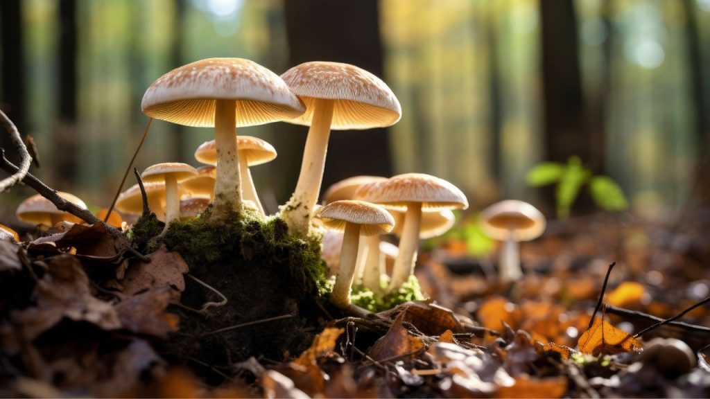 fotografía de un grupo de setas en un bosque en primer plano