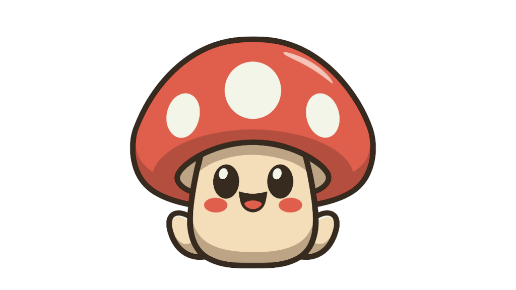 imagen cartoon de una seta con cara y sombrero rojo con puntitos blancos.
