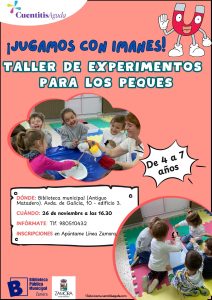 Cartel de color naranja con letras y fofos de niños jugando con imanes