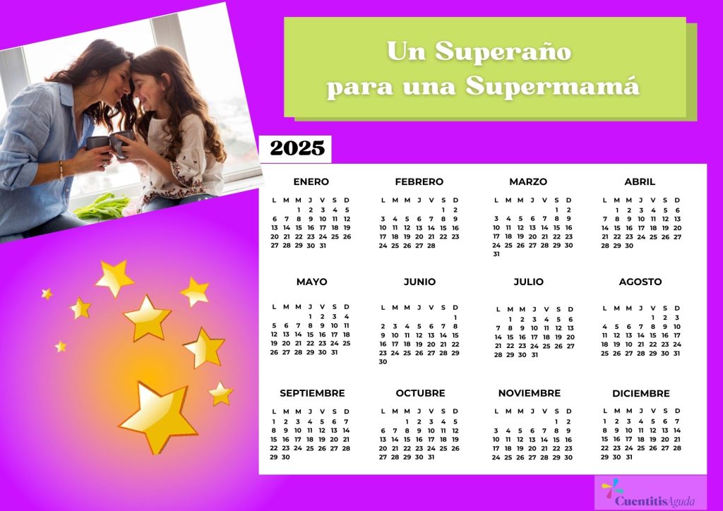 imagen de calendario personalizado de 2025 con fotografía de madre e hija con una taza en la mano y estrellas debajo.