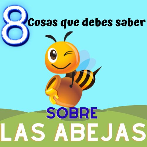 ilustración infantil de abeja volando sobre cielo azul guiñando un ojo y llevando un tarro de miel