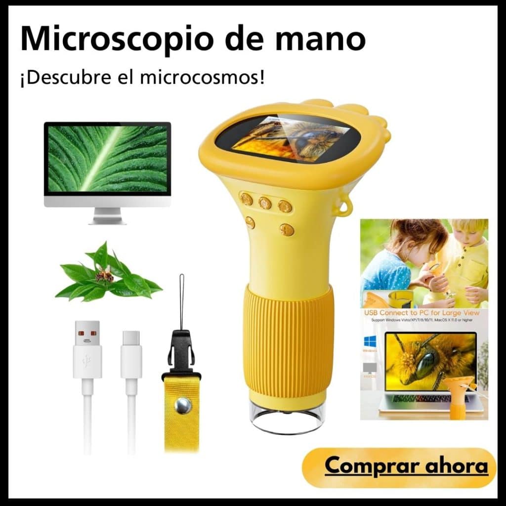 Varias imágenes de microscopio pequeño de color amarillo y sus componentes.
