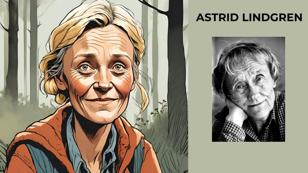 dibujo a color de la figura de Astrid Lindgren con un fondo de árboles y fotografía en blanco y negro de la autora