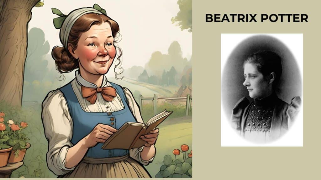 dibujo a color de la figura de Beatrix Potter en el campo sosteniendo un libro e imagen en blanco negro de la escritora