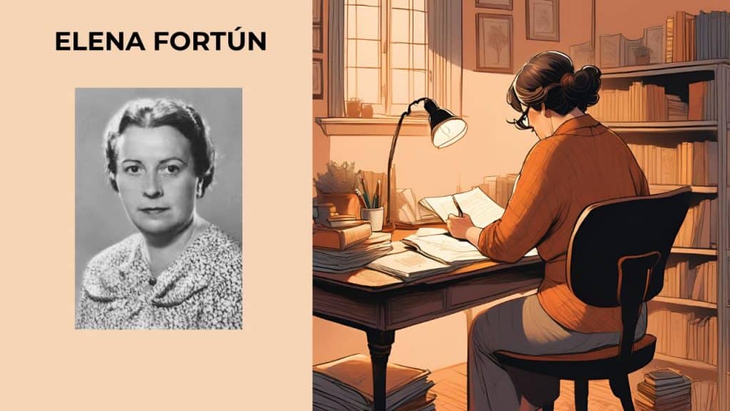Ilustración de mujer de mediana edad escribiendo en un escritorio iluminado por una lámpara de mesa y fotografía de la autora Elena Fortún