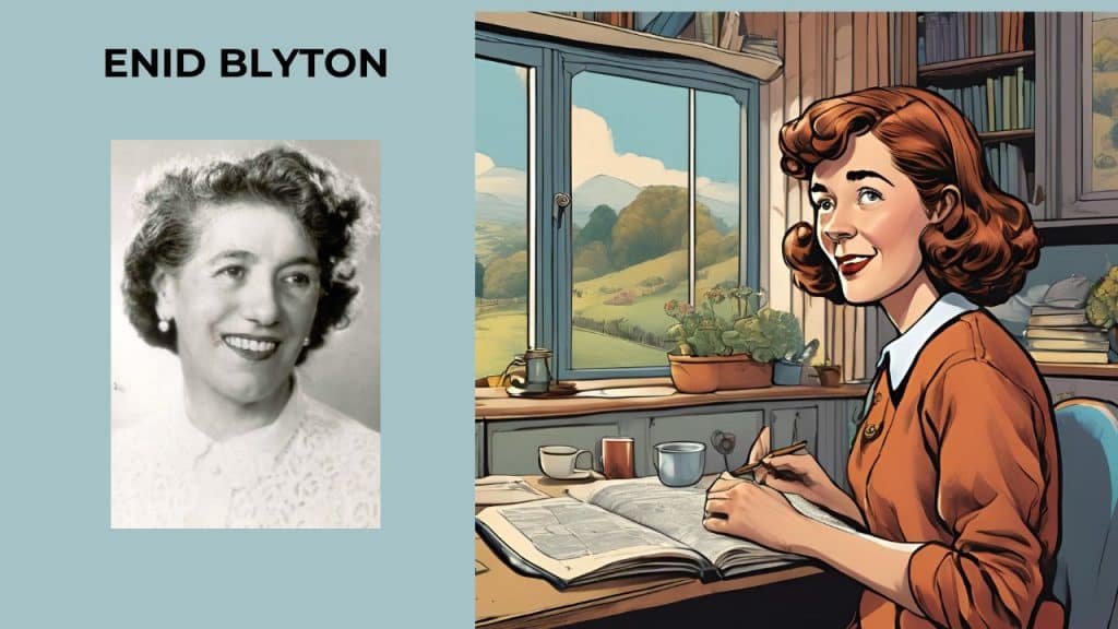 dibujo a color de la figura de Enid Blyton escribiendo en su casa y fotografía en color de la escritora