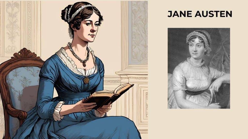 dibujo a color de la figura de Jane Austen sostieniendo un libro y grabado con la imagen de Jane Austen