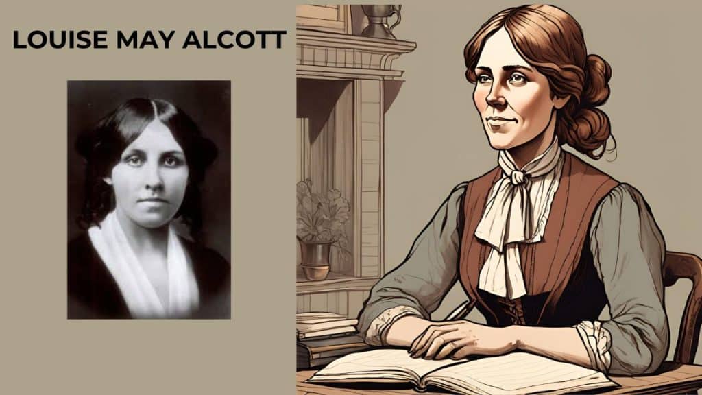 dibujo a color de la figura de Louise May Alcott escribiendo al lado de una chimenea e imagen en blanco y negro de la autora