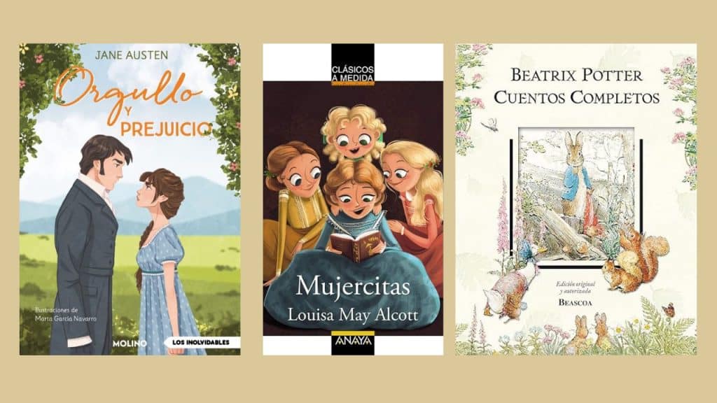 Portada de 3 libros infantiles, con un hombre y una mujer vestidos de época en medio del campo, de cuatro jovencitas vestidas de época leyendo un libro emocionadas y de un conejito vestido de azul con unas ardillas y otros animales del campo