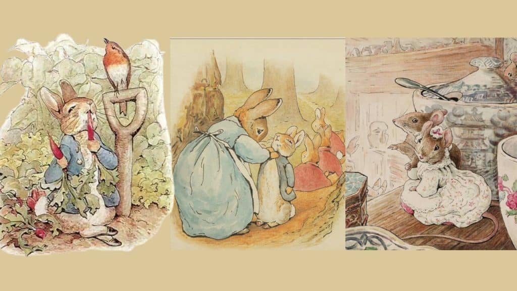 Ilustraciones de canejito comiendo zanahorias vestido de azul, conejita abrochando la chaqueta de su hijo y ratón y ratona vestidos de novios delante de un azucarero