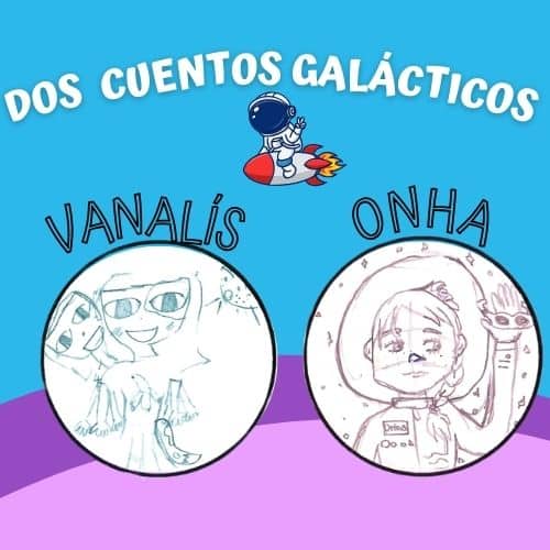 PORTADA CON DOS DIBUJOS INFANTILES DE PERSONAJES ESPACIALES Y UN ASTRONAUTA SUBIDO EN UN COHETE