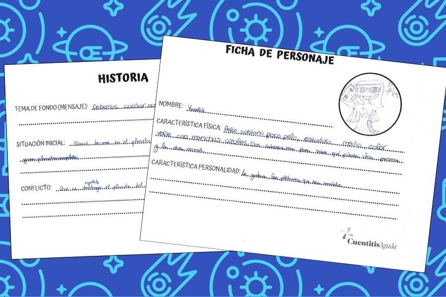 dos hojas con datos de una ficha de un personaje de cuento con dibujo de extraterrestre