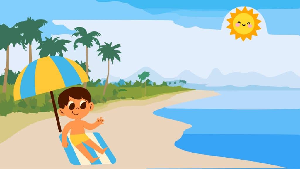 dibujo infantil de niño en la playa tomando el sol, con bañador amarillo sombrilla amarilla y azul y toalla de rayas blancas y azules, al fondo palmeras para explicar los eclipses a los niños con experimentos.