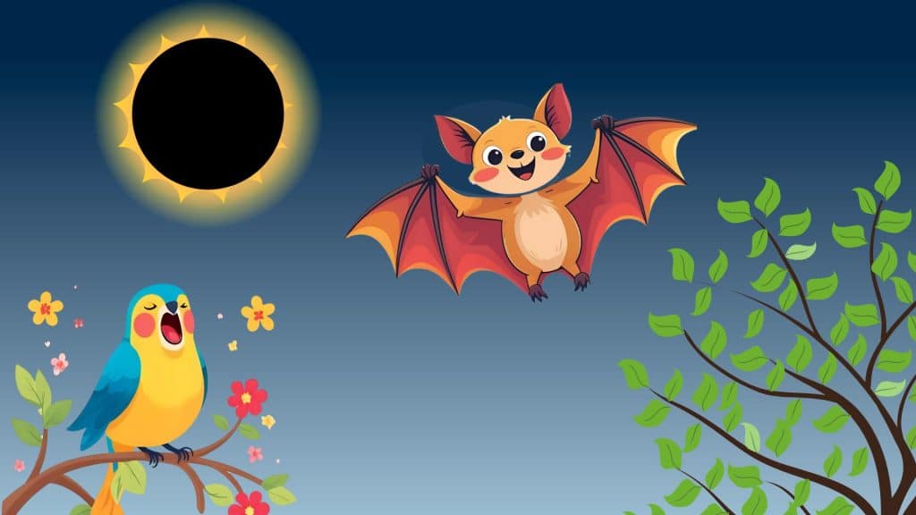 imagen infantil del sol eclipsado por la luna y en la oscuridad un murciélago volando sobre un árbol y un periquito amarillo y azul bostezando sobre una rama para explicar los eclipses a los niños con experimentos.