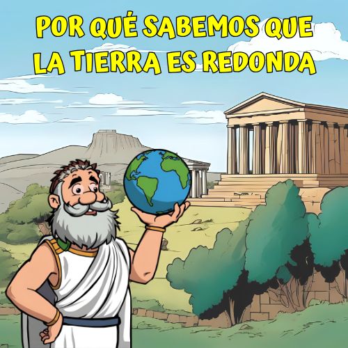 Ilustración infantil tipo cómic de una griego antiguo con túnica blanca sujetando la bola del mundo en una mano, con un paisaje de colinas y templos griegos al fondo para explicar a los niños por qué sabemos que la tierra es redonda