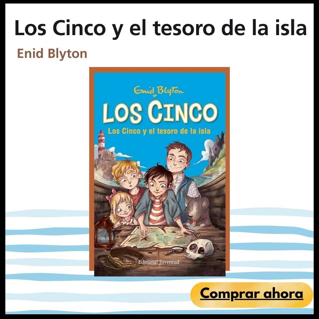 Portada del libro Los Cinco y el tesoro de la isla donde se ve un dibujo tipo cómic con una niña, unperro y tres niños, uno de ellos señalando con el dedo una isla enun mapa. Al fondo un faro rojo y blanco.