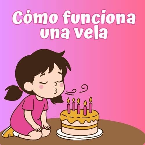 dibujo infantil de una nicña con coletas castañas y los ojos cerrados, vestida de color rosa y soplando las cinco velas de su tarta de cumpleaños