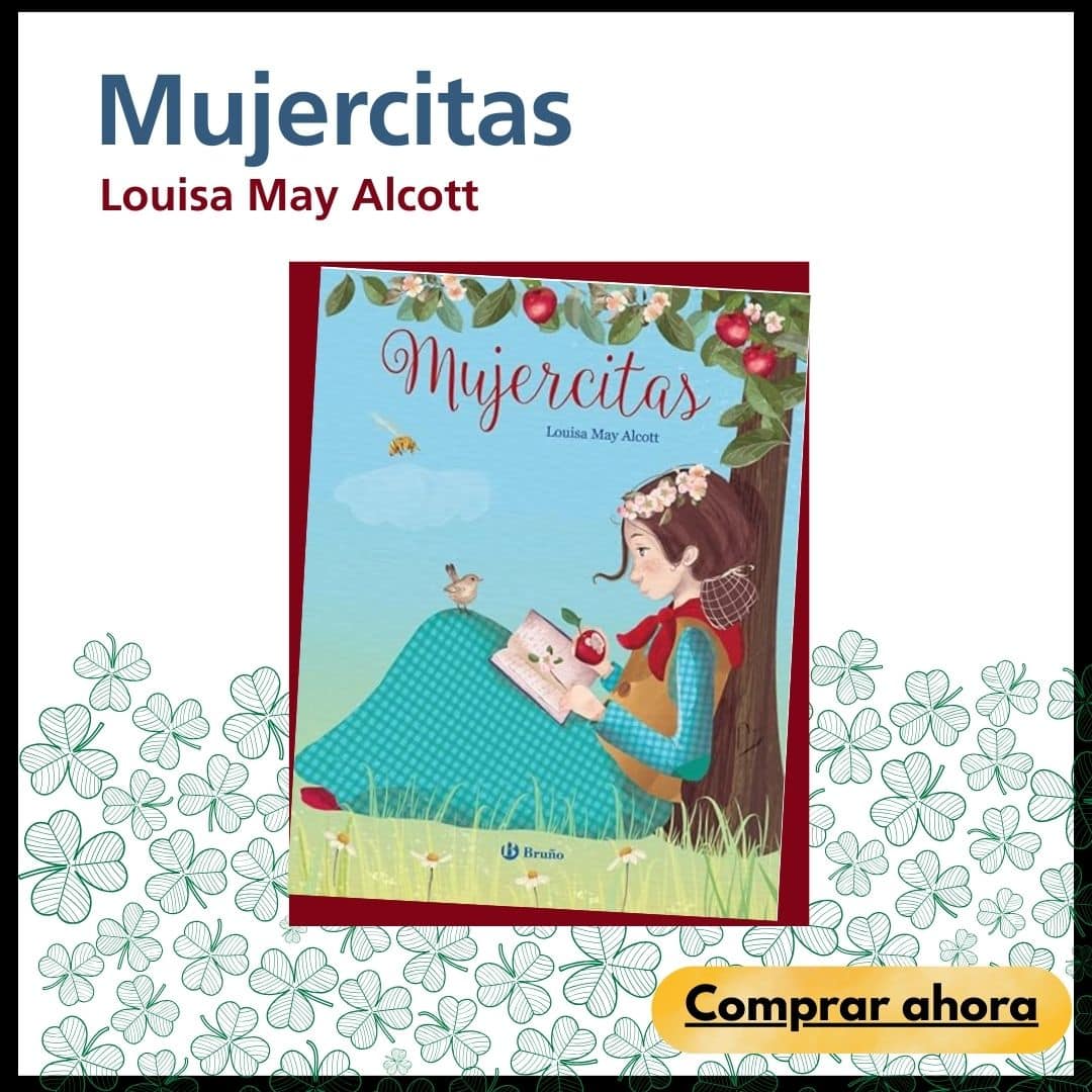 portada del libro Mujercitas en el que se ve una imagen tipo cómic de una chica leyendo un libro y comiendo una manzana bajo un manzano, vestida con un vestido verde y castaño del siglo xix. Sobre la rodilla un pájaro.