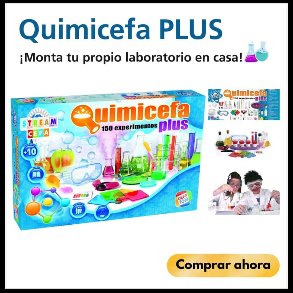 caja de colores de juego científico con elementos de física y química: probetas, pipetas y gafas.