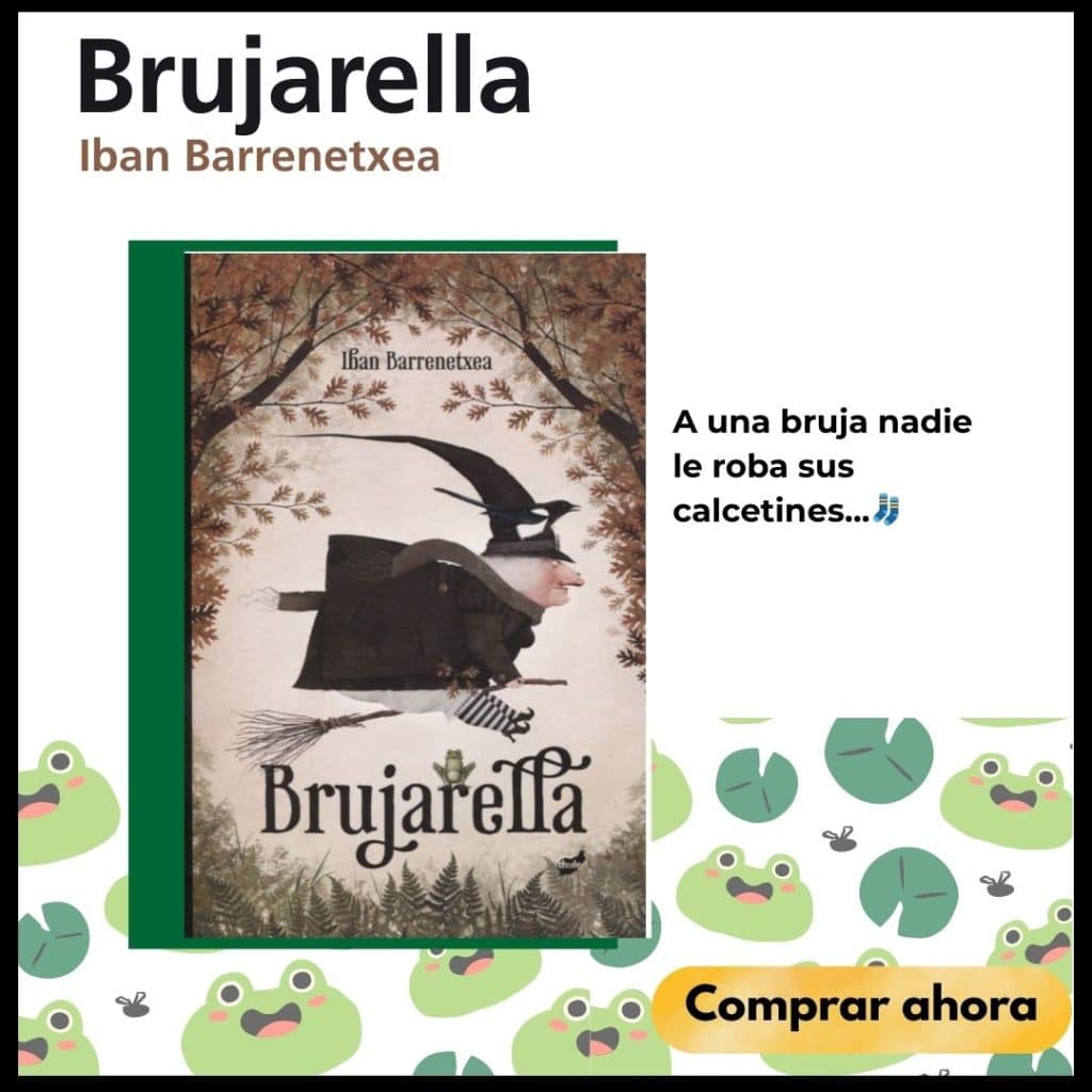 Portada de libro infantil Brujarella, con una ilustración de una bruja gorda, vestida de negro con una urraca en el sombrero y sobrevolando un bosque montada en su escoba