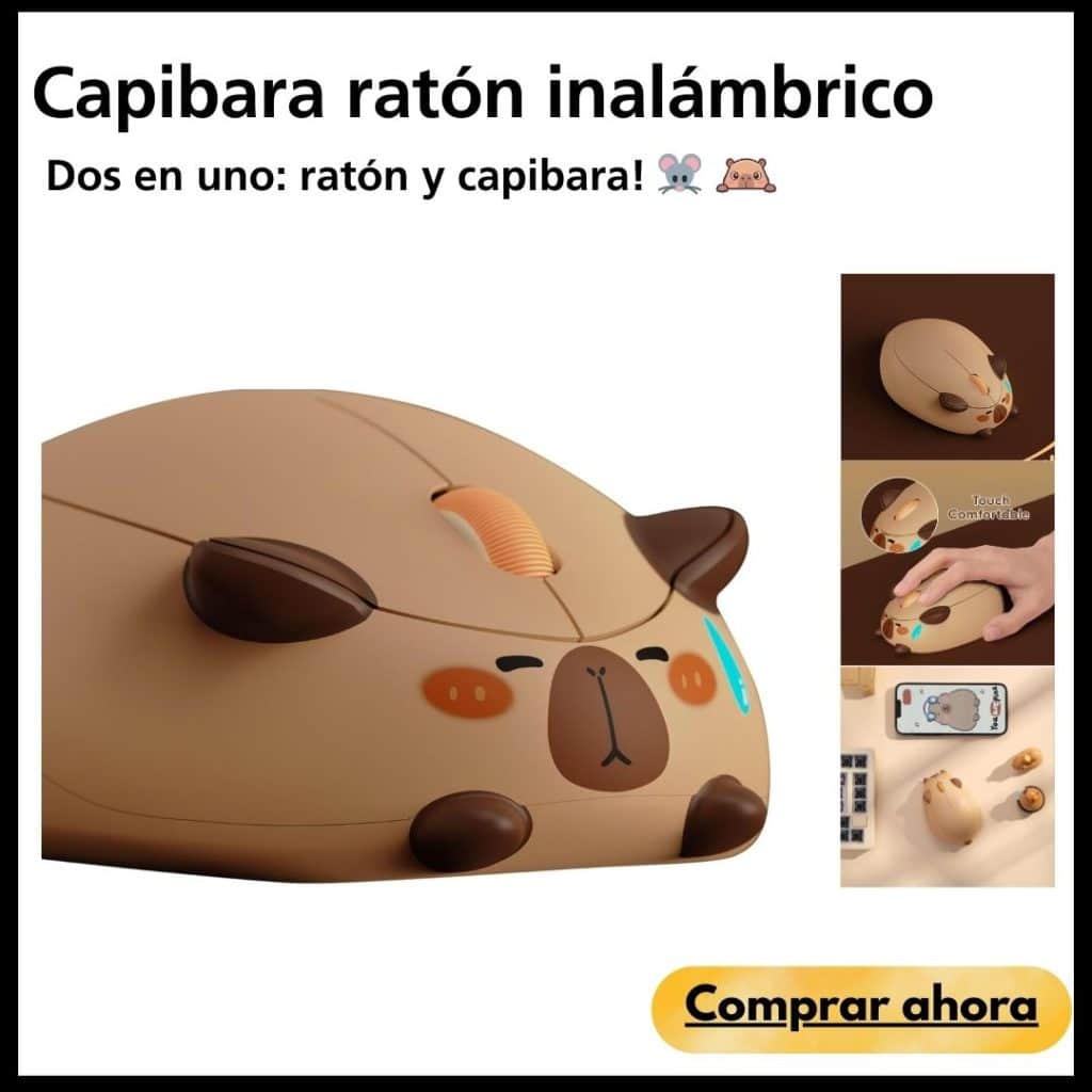 Fotografía grande de ratón inalámbrico con forma de capibara en tonos marrones, dbujo infantil. Dibujos pequeños de ratón capibara en distintas posturas
