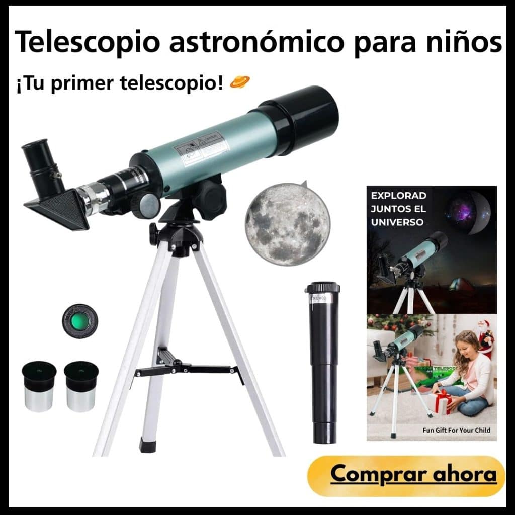 fotografía de telescopio verde y negro más imagen de niña recibiendo regalo de Navidad y telescopio enfocando a la luna